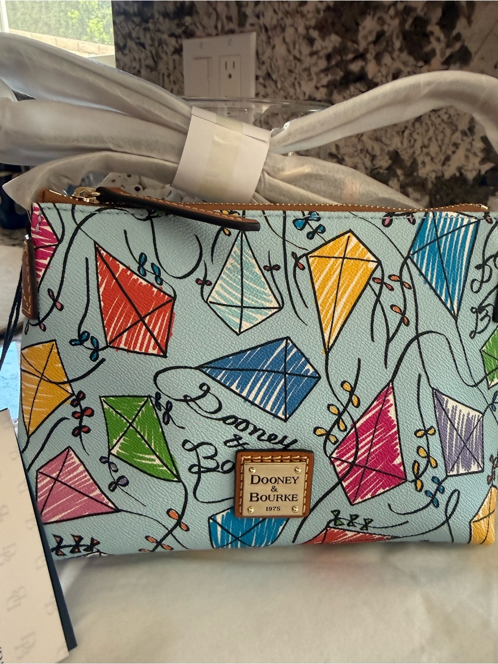 Dooney & Bourke Light Blue Kite-Print Crossbody Pouch with Multicolor Kites